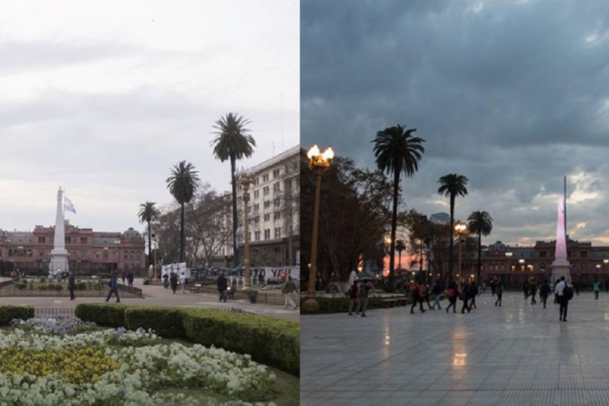 ELLITORAL_259971 |  GCBA La foto tomada por Escandar en 2017 luego de una marcha de la CGT, a la izquierda; la plaza sin los canteros luego de su remodelación en mayo de 2018, a la derecha