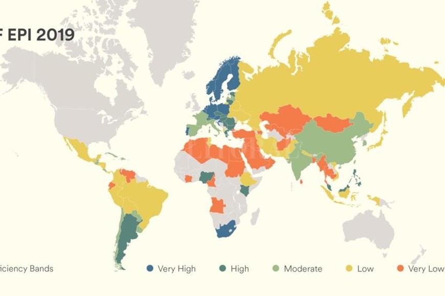 ELLITORAL_283747 |  Captura de pantalla En azul los países que hablan muy bien el idioma; en verde oscuro,los que tienen un nivel alto; en verde claro un nivel medio, en amarillo los de grado bajo, y en naranja los de un nivel muy bajo