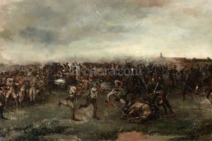 Archivo El Litoral Entrevero. El óleo de Julio Fernández Villanueva muestra el centro del choque armado entre los Granaderos y la tropa realista, encuentro que pese a su brevedad dejó una elevada cantidad de bajas.