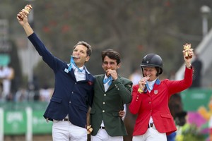 Marcello Zambrana Lima, Friday August 09, 2019 - Left for right Jose Maria Larocca from Argentina, silver medal, Marlon Zanotelli from Brazil, gold medal; and Elizabeth Madden from The USA bronze medal during Award Ceremony in Individual Final Round B Equestrian competition at the Escuela de Equitacion del Ejercito at the Pan American Games Lima 2019.
Copyright Marcello Zambrana / Lima 2019
Mandatory credits: Lima 2019
** NO SALES ** NO ARCHIVES **