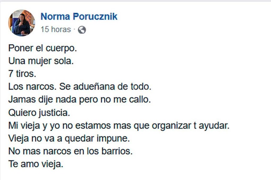 ELLITORAL_229857 |  Facebook El mensaje que Norma Porucznik (hija de la víctima) publicó en Facebook