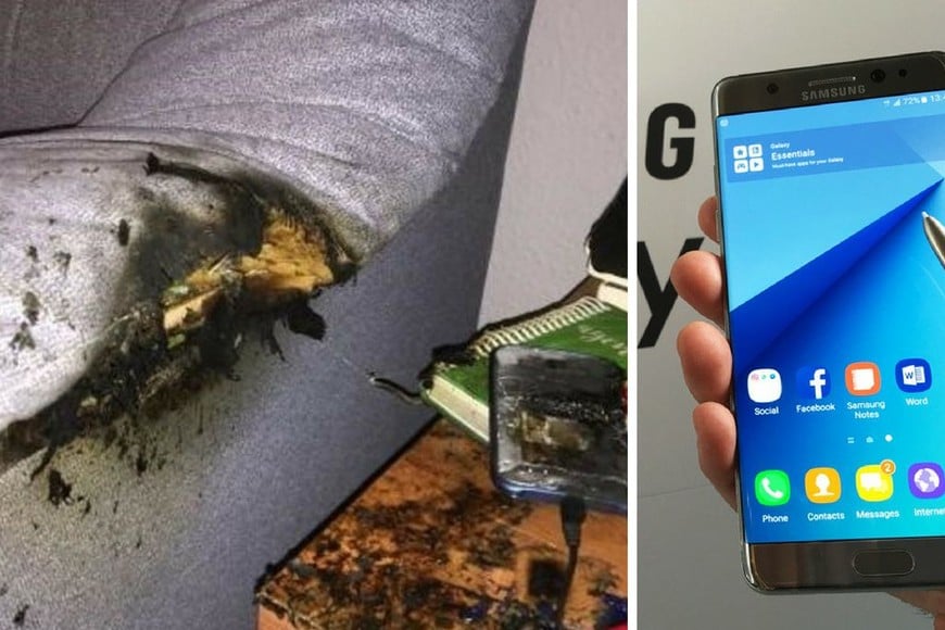 ELLITORAL_220860 |  Internet La imagen del sillón y el celular que explotó en España (izq.). El celular Samsung Note 7, el dolor de cabeza para la compañía (der.).
