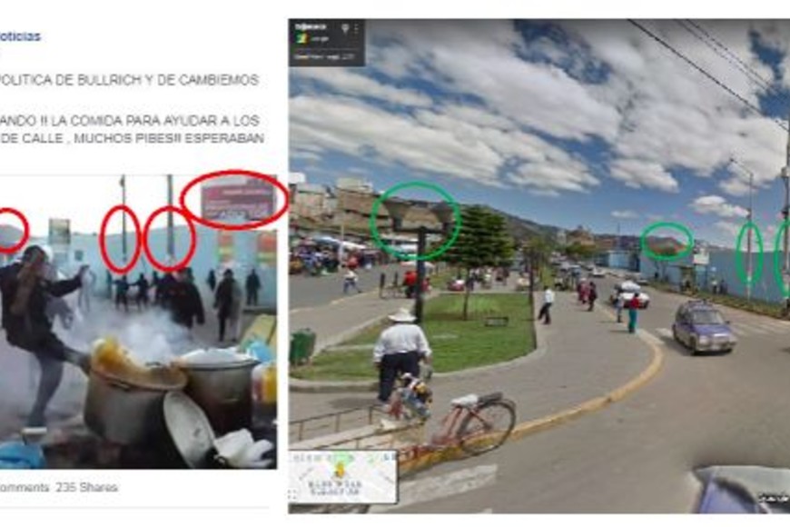 ELLITORAL_254942 |   Montaje realizado el 18 de julio de 2019 de la imagen viralizada (izquierda) y una captura de pantalla de Google Street View de la Plazuela Bolognesi