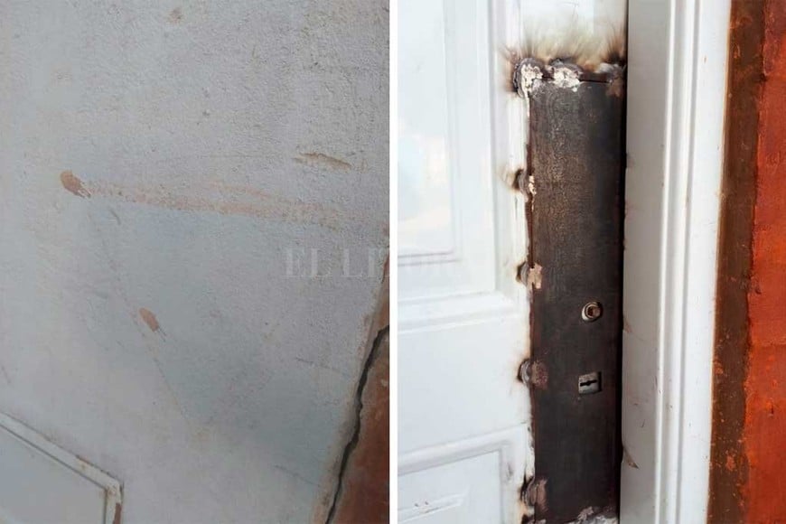 ELLITORAL_279153 |  Danilo Chiapello En algunas casas aparecieron extrañas pintadas (izq). Muchos optaron por reforzar puertas en un intento para frenar a los ladrones (der).
