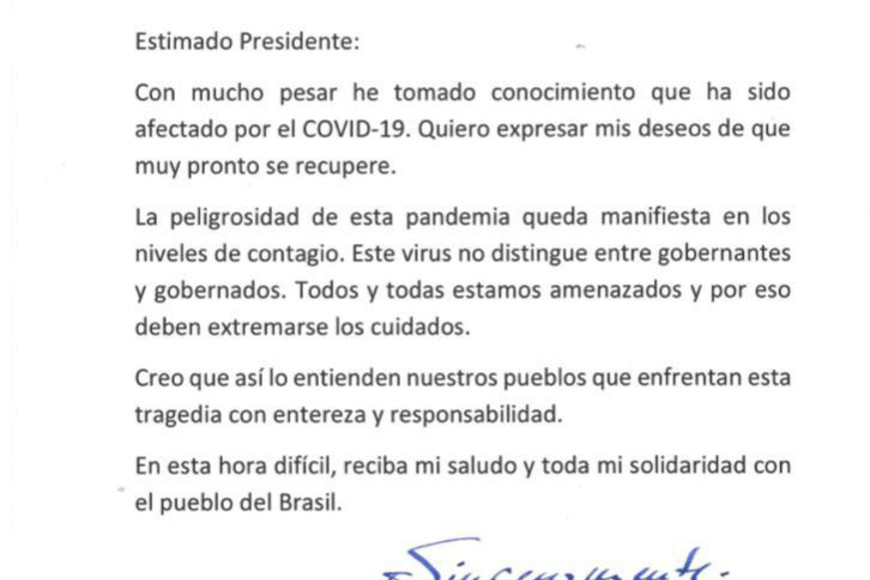 ELLITORAL_312300 |   zzzznacp2NOTICIAS ARGENTINAS BAIRES, JULIO 7: Carta enviada por el presidente Alberto Fernandez a su par de Brasil, Jair Bolsonaro, tras haber sido diagnosticado de coronavirus. Foto NAzzzz