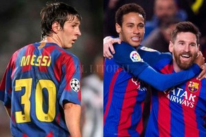 ELLITORAL_397015 |  Gentileza Messi con la número 30 en sus comienzos en Barcelona y Messi junto a Neymar en su paso por el club catalán.
