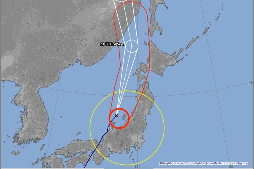 ELLITORAL_221631 |  Servicio Meteorológico de Japón. En rojo se encuentra señalada el área de peligro.