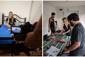 ELLITORAL_279441 |  Gentileza producción Ana Collins, protagonista del videoclip, en un momento del rodaje, a cargo de Santiago Benmergui y Franco La Valle. El guitarrista Rubén  Chino  Sánchez (al fondo), colaborando con la actriz y el codirector La Valle.