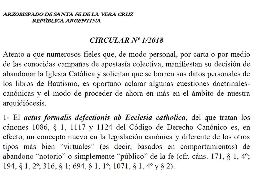 ELLITORAL_220816 |  Captura digital Documento. La circular considera  oportuno aclarar algunas cuestiones  y  el modo de proceder de ahora en más en el ámbito de nuestra arquidiócesis , según comienza la misma.