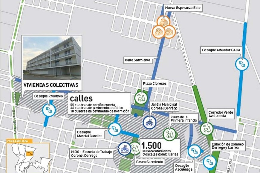 ELLITORAL_222134 | Gentileza Municipalidad A través del Plan Nacional de Hábitat se invirtieron $ 300 millones en una intervención integral que modificó a los barrios Coronel Dorrego y Guadalupe Oeste.
Mapa: Gentileza Municipalidad