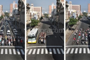 Gentileza Municipalidad de Santa Fe Ventaja. En un colectivo pueden viajar 60 pasajeros. Si cada uno de ellos se trasladara en un auto, ocuparían una cuadra entera de una avenida de cuatro carriles. La Municipalidad hizo la prueba y ubicó 60 autos y 60 bicicletas en una cuadra de Rivadavia. Además, mostró el lugar que ocupa un colectivo en su dársena e hizo posar al lado a los 60 pasajeros.