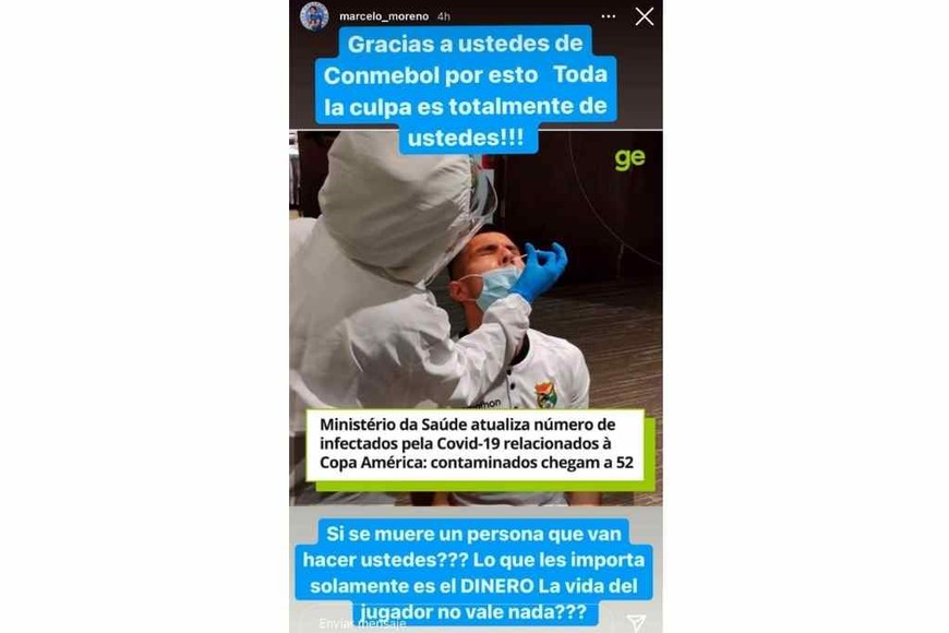 ELLITORAL_383709 |  Gentileza @marcelo_moreno El delantero subió una Historia a su cuenta de Instagram con un descargo para Conmebol