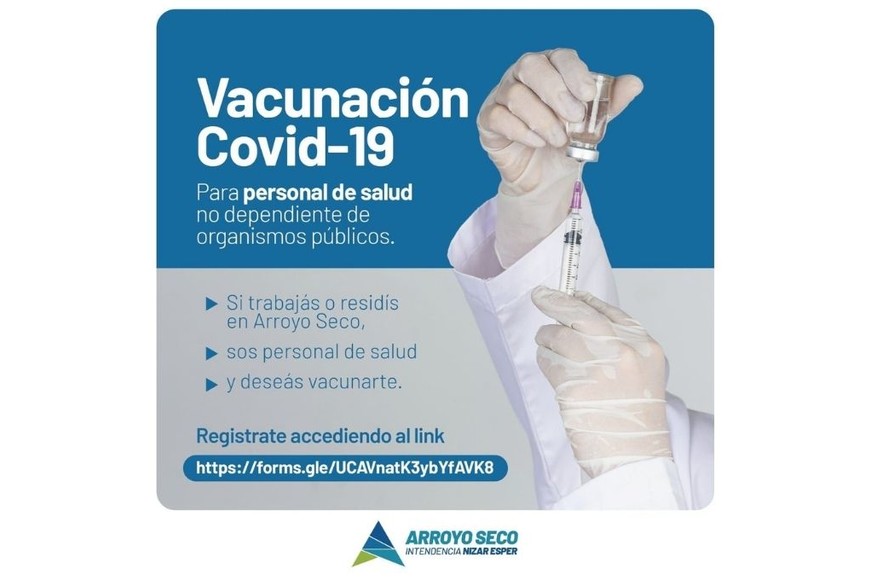 ELLITORAL_353233 |  Facebook El 28 de enero la Municipalidad de Arroyo Seco informó en su Facebook que  se encuentra disponible el acceso al registro e inscripción para adquirir la vacuna Covid-19 para personal de salud no dependiente de organismos públicos . A nivel provincial aún no hay un sitio donde inscribirse.