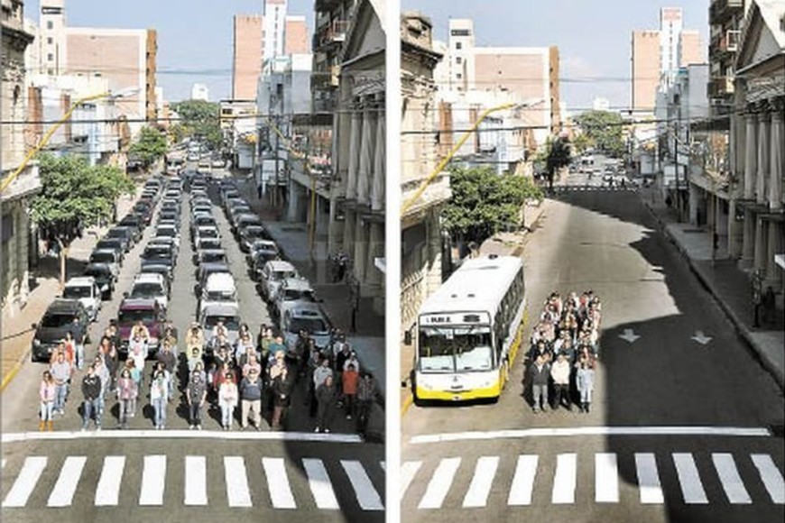 ELLITORAL_239019 |  Archivo Menos autos en la calle. Un colectivo puede trasladar 60 pasajeros, mientras que si esas 60 personas se trasladan cada una en un auto particular ocupan el espacio de toda una cuadra.