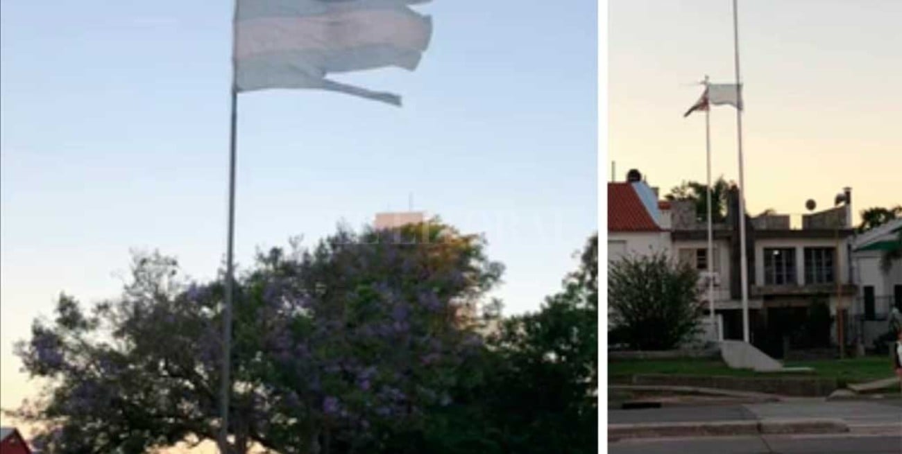 Dos banderas de Argentina en estado deplorable en la ciudad