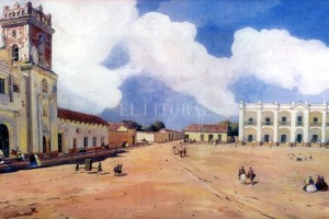 Archivo El Litoral Óleo de Leonie Matthis que representa la Plaza Mayor de Santa Fe. Se destaca el Cabildo, en cuyas salas fue suscripto el Tratado del Cuadrilátero de 1822.