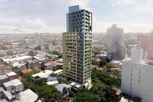 ELLITORAL_232661 |  Gentileza. Vista exterior. El render muestra cómo va a lucir una vez terminada la Torre Emilia, un edificio compuesto por 22 pisos más planta baja y subsuelo. Tendrá ingreso peatonal por calle Bv. Gálvez y acceso vehicular por calle Güemes, con una capacidad para 57 cocheras.