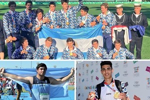 ELLITORAL_226269 |  Prensa UAR / Comité Olímpico Argentino Arriba Los Pumitas (rugby), abajo a la izquierda Nazareno Sasia (lanzamiento de bala), y a la derecha Fausto Ruesga (volcadas en básquet masculino), las medallas doradas de la jornada.