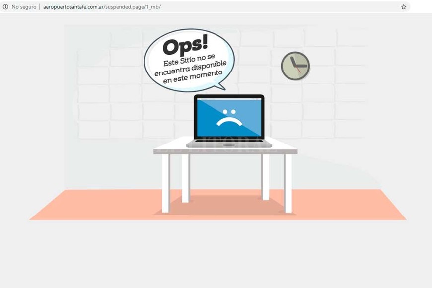 ELLITORAL_284469 |  Captura de pantalla Suspendieron la página web. Este sábado en el sitio del Aeropuerto aparecía este mensaje