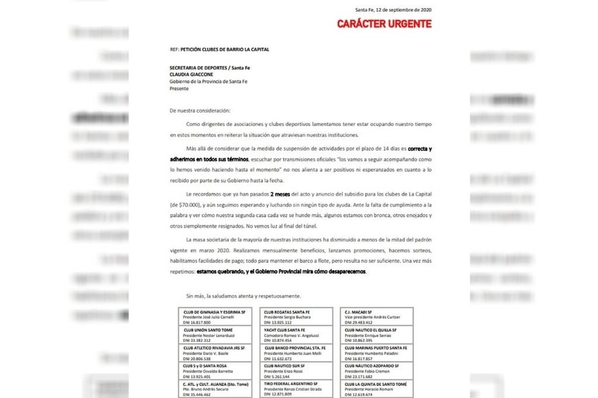 ELLITORAL_325227 |  El Litoral El documento presentado. La copia de la carta que presentaron en las últimas horas los clubes de Santa Fe, unos 15 en total, a la Secretaría de Deportes  con carácter urgente .