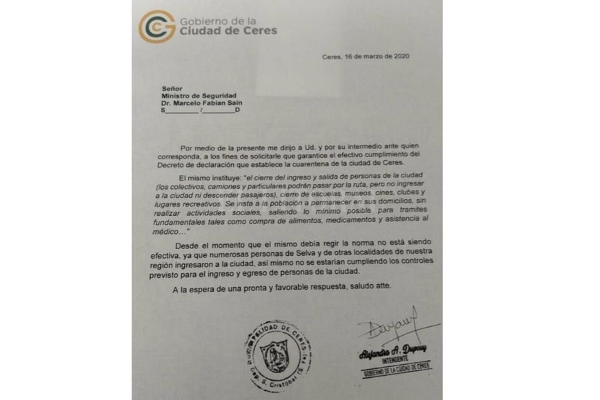 ELLITORAL_291022 |  Gentileza Comunicación enviada por la intendenta de Ceres, Alejandra Dupouy, al ministro de Seguridad, Marcelo Sain.