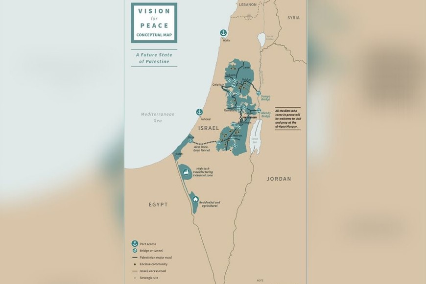 ELLITORAL_282557 |  Redes sociales El mapa presentado por Trump en sus redes. Así sería la división del territorio si se aprueba el plan. El color verde representa lo que le tocaría a Palestina.