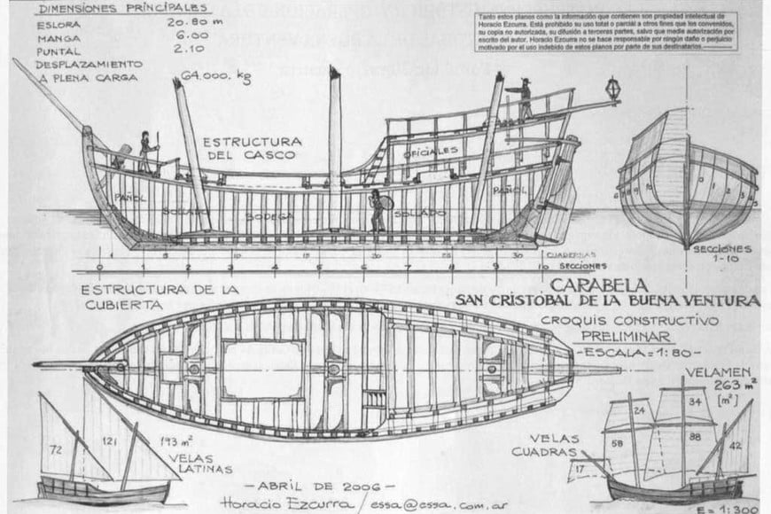 ELLITORAL_230122 |  El Litoral Primeros trazos. La silueta de la carabela y sus principales dimensiones, empezaron a bosquejarse en el tablero de Escurra hace doce años, a partir de una inquietud de santafesinos.