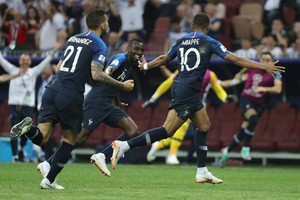 DPA Kylian Mbappe of France celebrates scoring 4-1 during the FIFA World Cup 2018 ahead of the final match between France and Croatia at the Luzhniki Stadium in Moscow, Russia, 15 July 2018. Photo: Christian Charisius/dpa