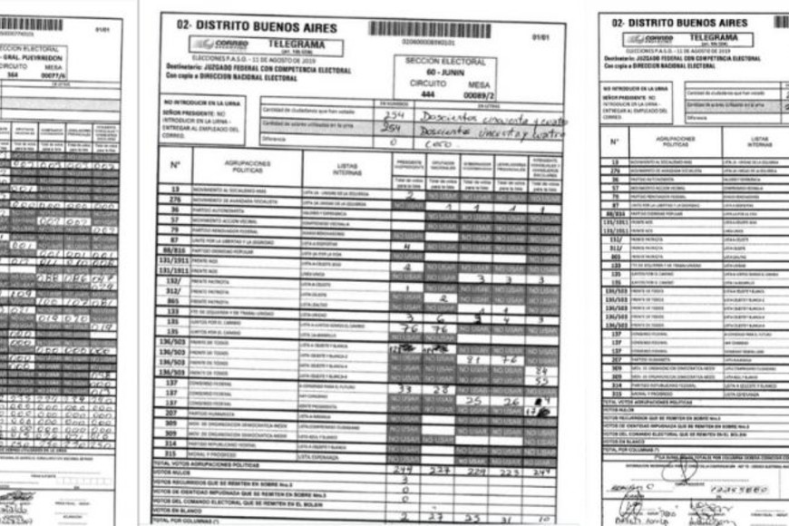 ELLITORAL_258446 |   Imagen con ejemplos de los telegramas compartidos en redes sociales con cero votos, tachados o borrados.