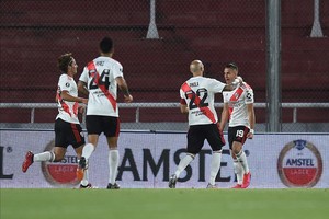 ELLITORAL_332513 |  Marcelo Endelli Telam, Buenos Aires, 20 de octubre de 2020: Buenos Aires: Rafael Santos Borré festeja el primer gol de River Plate que recibe al puntero del grupo D de la Copa Libertadores, Liga de Quito, de Ecuador, con la obligación de ganar para arrebatarle ese liderazgo en la última fecha de la fase de zonas, en partido que se juega en la cancha de Independiente.  Foto: Staff Images / CONMEBOL/cf/Telam.