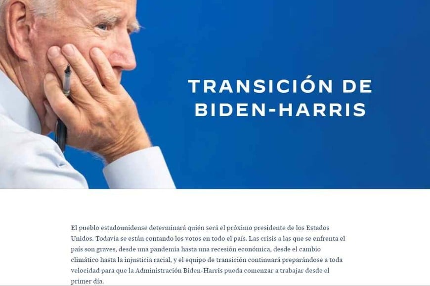 ELLITORAL_335648 |  Internet Así se ve por el momento la página preparada para la transición presidencial, en caso que Joe Biden y Kamala Harris sean finalmente electos.