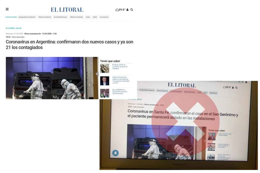 ELLITORAL_290038 |   Arriba a la izquierda, la nota original. A la derecha, la nota manipulada.