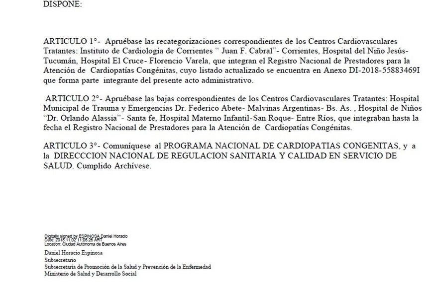 ELLITORAL_240842 |  Archivo El Litoral En el artículo 2 de la resolución, con fecha del 2 de noviembre, se aprueba la baja del Alassia como centro cardiovascular tratante.