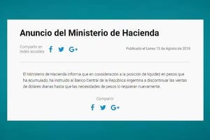 Captura digital El anuncio que realizó el Ministerio de Hacienda de la Nación y que desató la viralización del falso cepo cambiario y un intercambio de tuits entre dirigentes oficialistas, opositores y economistas.
