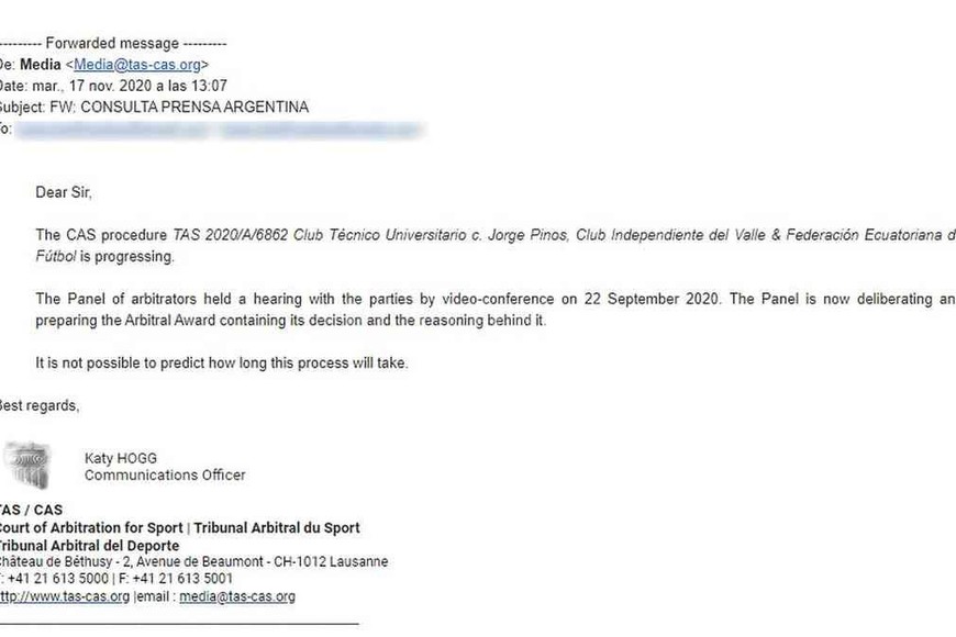 ELLITORAL_338457 |  Gentileza TAS / CAS Como un documento inalterable. La respuesta oficial desde Lausana, Suiza, al diario de Santa Fe. Oficial del TAS a El Litoral: no sale el fallo del caso Pinos.