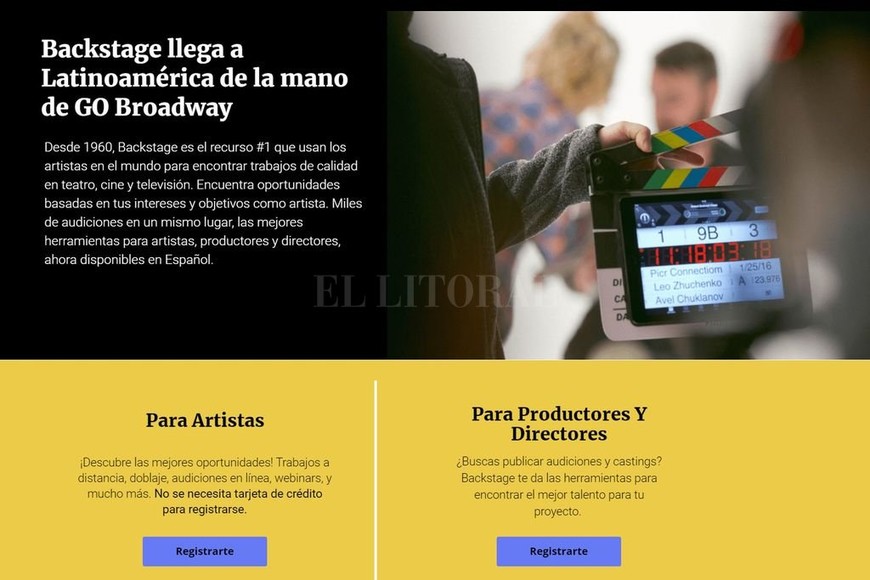 ELLITORAL_342459 |  Captura de pantalla Página de acceso de Backstage Latinoamérica, con los accesos para artistas y productores interesados.