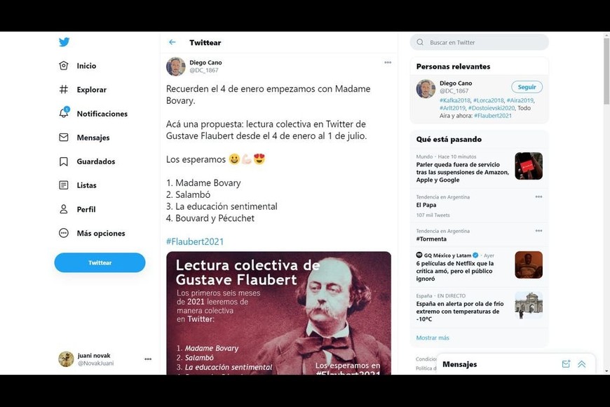 ELLITORAL_349261 |  Captura de pantalla Diego Cano promueve la lectura compartida de la obra flaubertiana en Twitter.