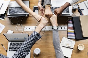 Gentileza Colleagues giving a fist bump