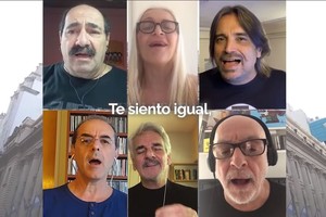 Captura de pantalla Adrián Abonizio, Silvina Garré, Fabián Gallardo, Jorge Fandermole, Rubén Goldín y Juan Carlos Baglietto grabaron Tema de Rosario de Lalo de los Santos contra el coronavirus, impulsados por la Secretaría de Cultura y Educación de Rosario.