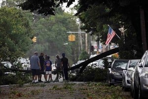 ELLITORAL_317874 |  Agencias NEW YORK, NEW YORK - AUGUST 04: Residents try to move a downed tree blocking a road in a Brooklyn neighborhood as Tropical Storm Isaias churns its way up the East Coast on August 04, 2020 in New York City.The storm, which regained hurricane strength Monday night, has brought heavy rainfall, lightning, strong winds and flooding to the New York City area on Tuesday afternoon.   Spencer Platt/Getty Images/AFP