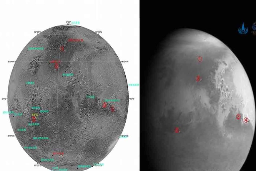 ELLITORAL_355517 |  Gentileza Primeras imagen de Marte enviada por Tianwen-1, a una distancia de 2,2 millones de km, a la derecha, yuxtapuesta con un mapa topográfico del planeta rojo.