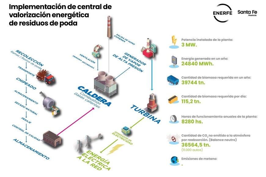 ELLITORAL_375206 |  Gentileza Enerfe En la infografía se explica el paso a paso del proceso de valorización energética de los residuos vegetales.