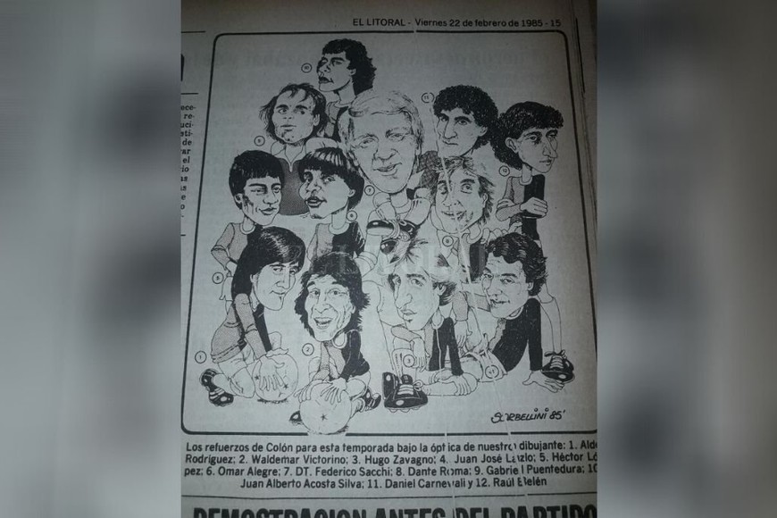 ELLITORAL_311824 |  El Litoral El dibujo de Sorbellini con las caricaturas de los jugadores que habían llegado en aquél año en el que Colón armó un equipo de estrellas.