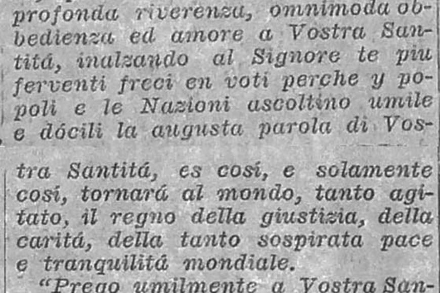 ELLITORAL_387413 |  Archivo El Litoral En italiano. El mensaje que se hizo llegar a la Santa Sede. El Litoral lo reprodujo tal cual.