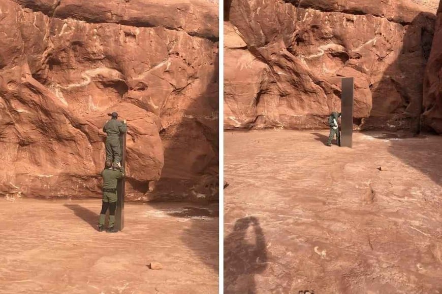 ELLITORAL_339765 |  Gentileza Dos empleados públicos se fotografiaron con el monolito para demostrar su enorme tamaño.