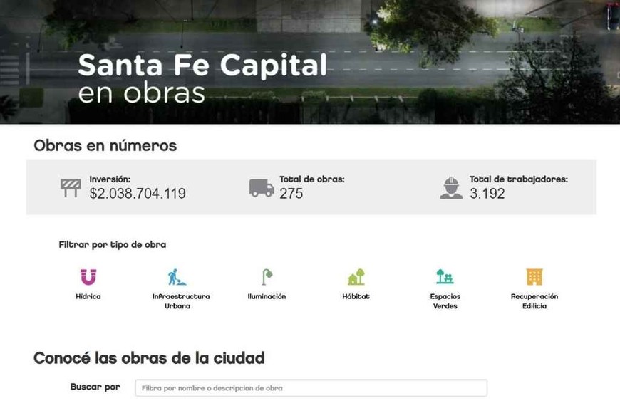 ELLITORAL_415227 |  Captura digital La plataforma muestra -entre otras informaciones- el monto total de inversión en obras públicas que ejecuta el gobierno local.