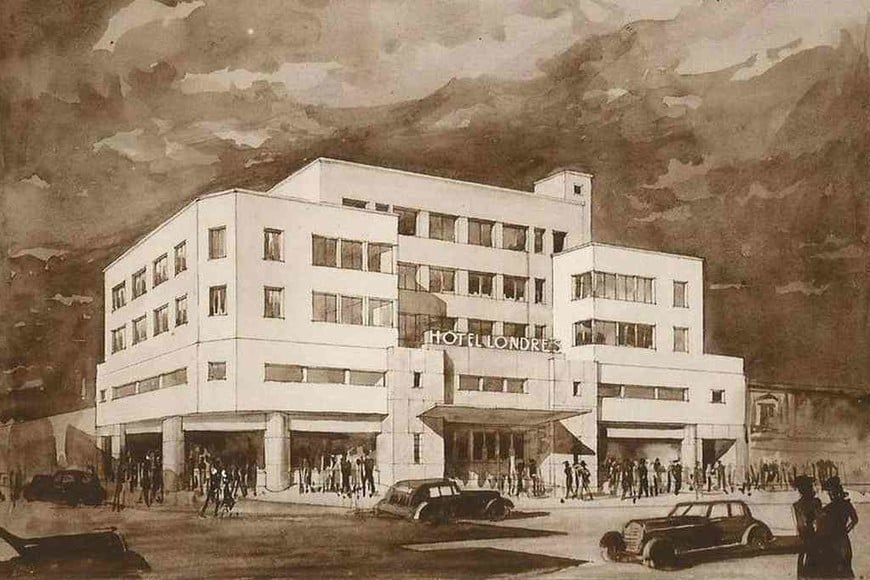 ELLITORAL_410042 |  Gentileza Roberto Landaburu Boceto del Hotel Londre en la década del ?40.