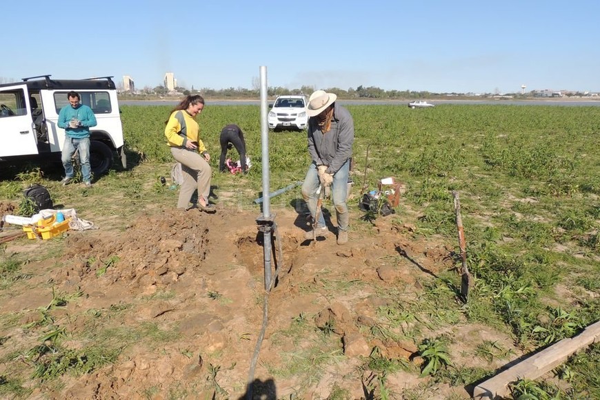 ELLITORAL_314509 |  Gentileza Laboratorio de Sedimentología FICH UNL. Profundidad. Los investigadores alcanzan los 6 metros de profundidad, en el lecho de la laguna que quedó a la vista por la bajante.