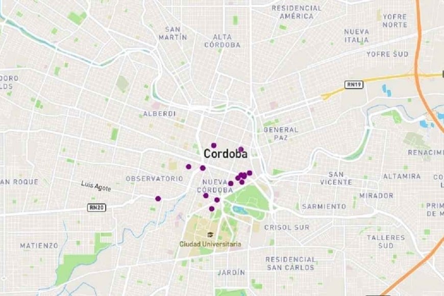 ELLITORAL_376260 |  Gentileza El mapa marca los puntos inseguros más calientes de Córdoba.