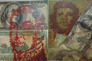 Gentileza del artista San Martín y el Che Guevara pixelados frente a los dólares: alegorías sobre el dinero electrónico y la inflación estadounidense.